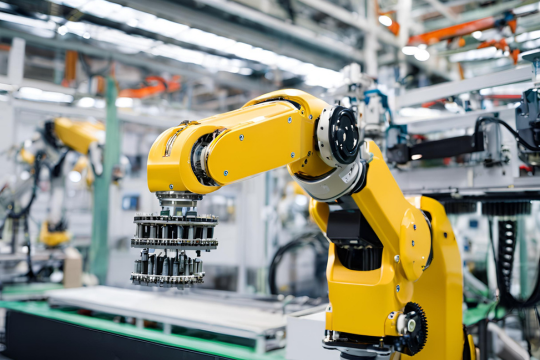 A close-up of a robotic arm working on a vehicle assembly line.