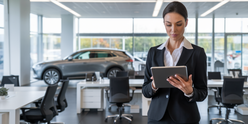 woman in automotive showroom