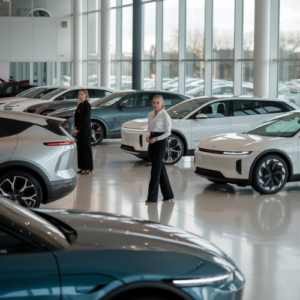 women in automotive showroom