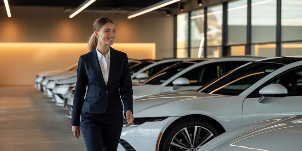 woman in automotive showroom