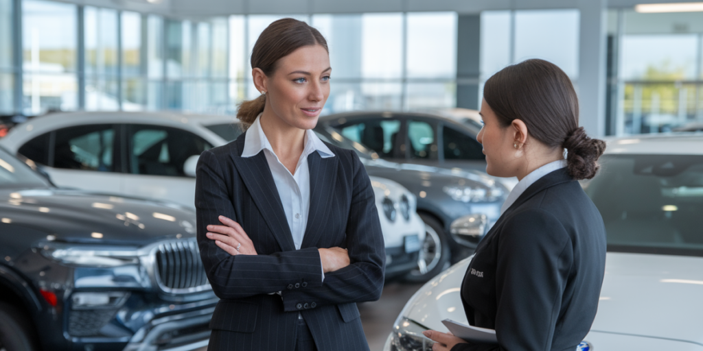 Woman in automotive dealership talking to mentee