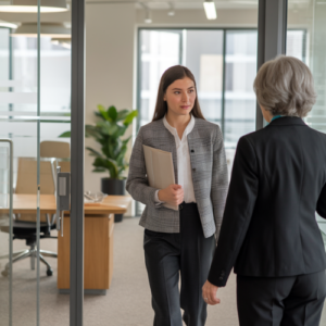 woman entering office for job interview