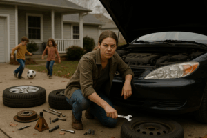 woman working on car in driveway