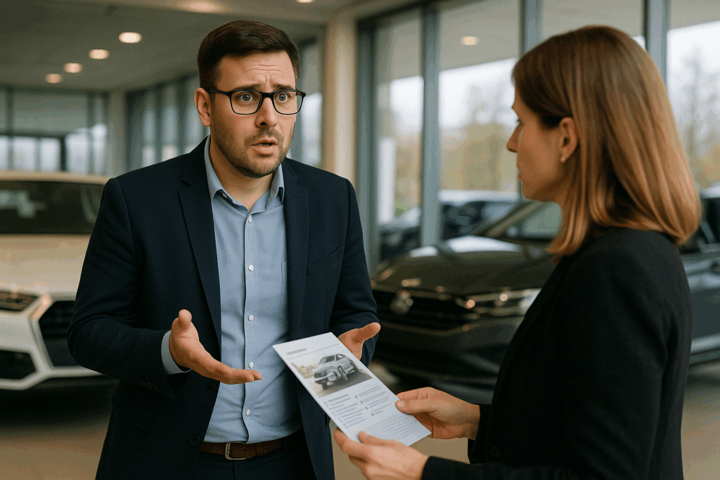 confused customer talking to salesperson