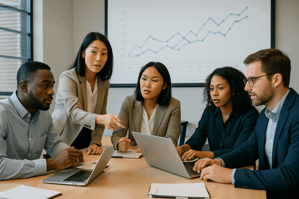 Sales and marketing teams around a table in a strategy meeting, discussing goals.