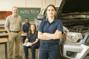 woman standing proudly in automotive repair class
