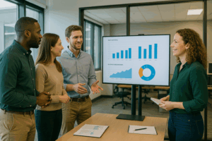 A smaller team gathered in a casual standup meeting, possibly near desks or a monitor with shared KPIs