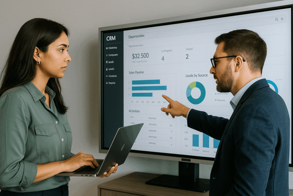 Two professionals (one from sales, one from marketing) reviewing a CRM dashboard together on a large screen.