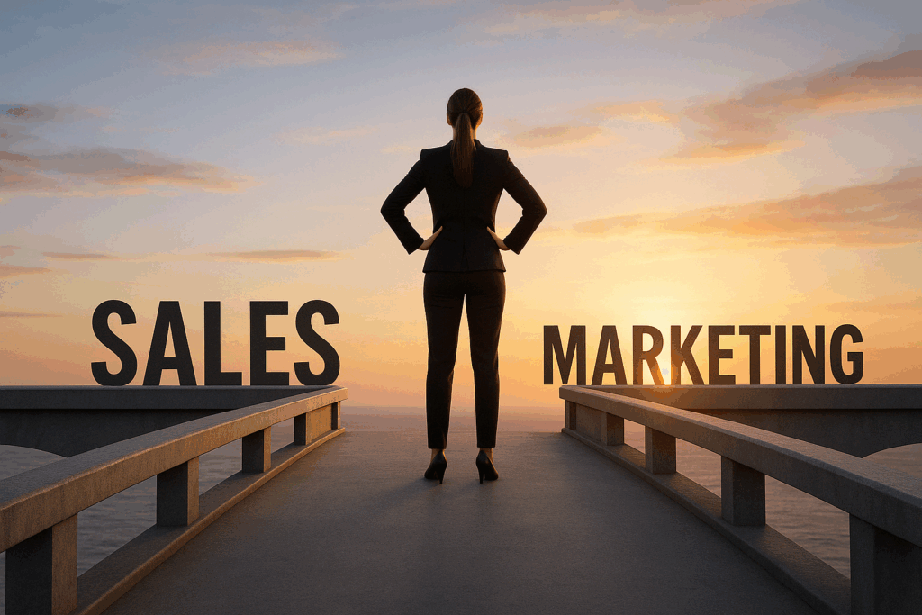 : A symbolic image of a woman standing at the center of a bridge connecting two departments—sales and marketing—labeled on each side.