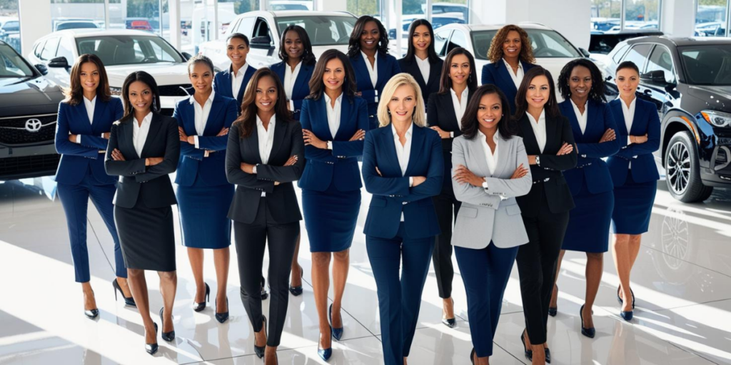 Group of women in automotive showroom