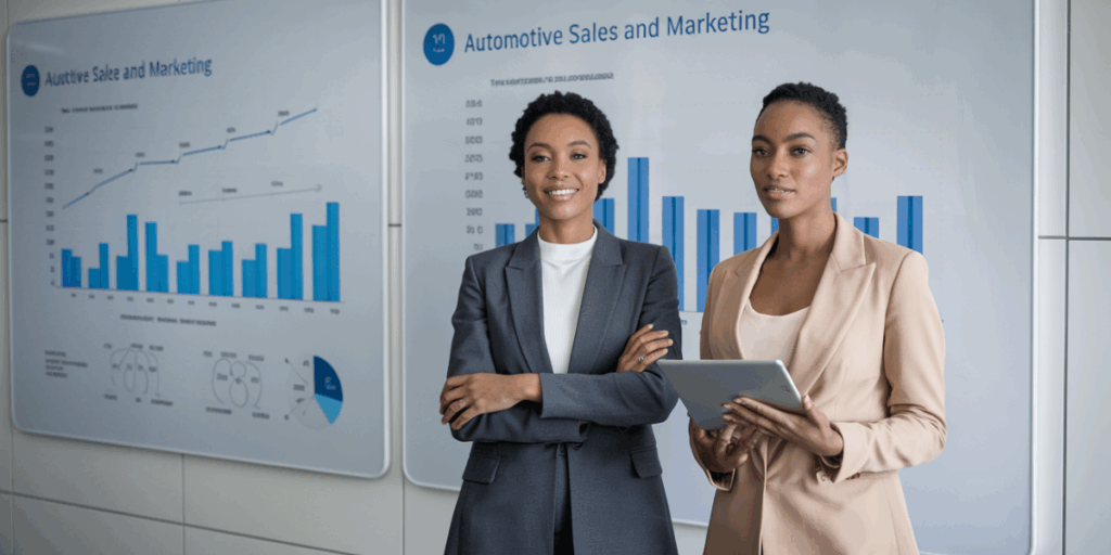 Two professional women in a modern automotive office space