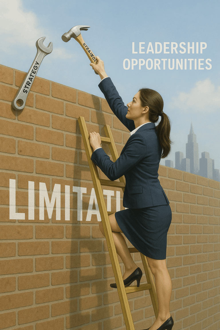 A determined woman in business attire climbing a brick wall labeled “Limitations,” using tools labeled “Strategy,” “Persistence,” and “Skill.”
