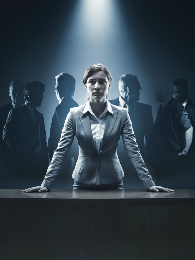 A woman in a professional setting standing firmly at her desk while shadowy figures around her whisper or turn their backs