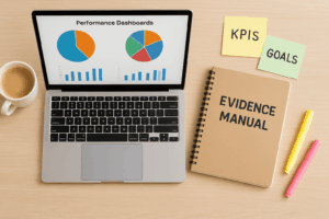 A flat lay image showing an open laptop with performance dashboards, a notebook titled “Evidence Manual,” and sticky notes with KPIs and goals