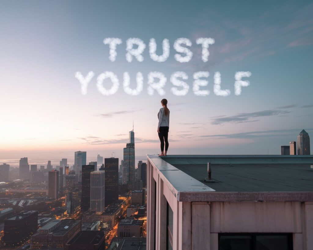 A woman standing at the edge of a tall building rooftop, looking out over a sunrise-lit city. Her posture is strong and confident, with the words “Trust Yourself” subtly in the clouds