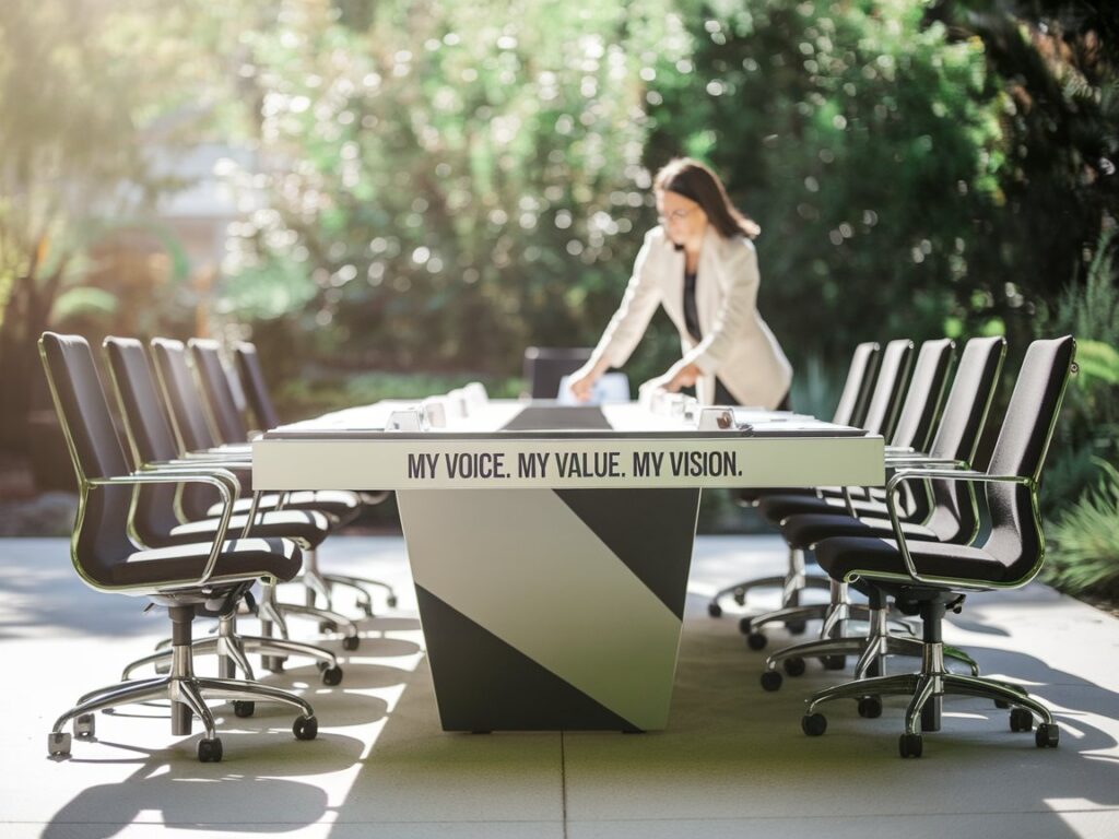 A woman setting up a sleek, modern boardroom table outdoors, surrounded by open sky and light. The table is labeled “My Voice. My Value. My Vision.” Empty chairs await others,