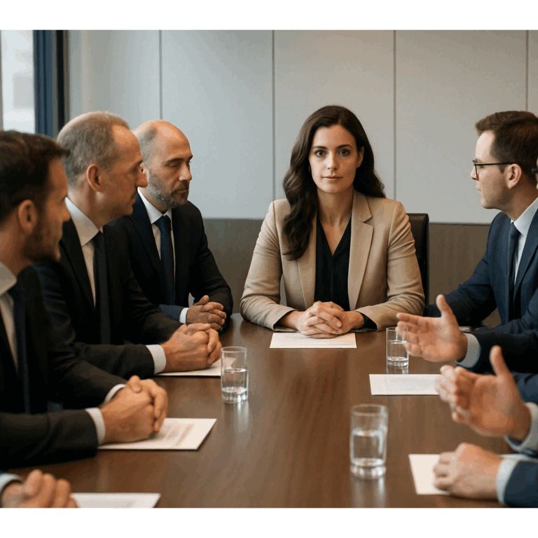 Woman asserting leadership in a male-dominated boardroom setting