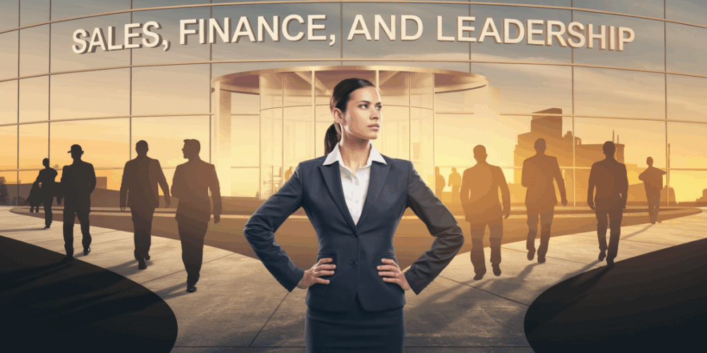 A confident professional woman standing at a crossroads outside a corporate building labeled ‘Sales,’ ‘Finance,’ and ‘Leadership.