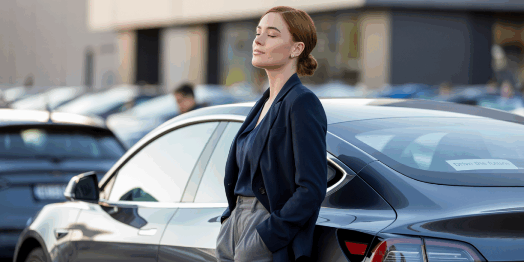 woman outside automotive dealership