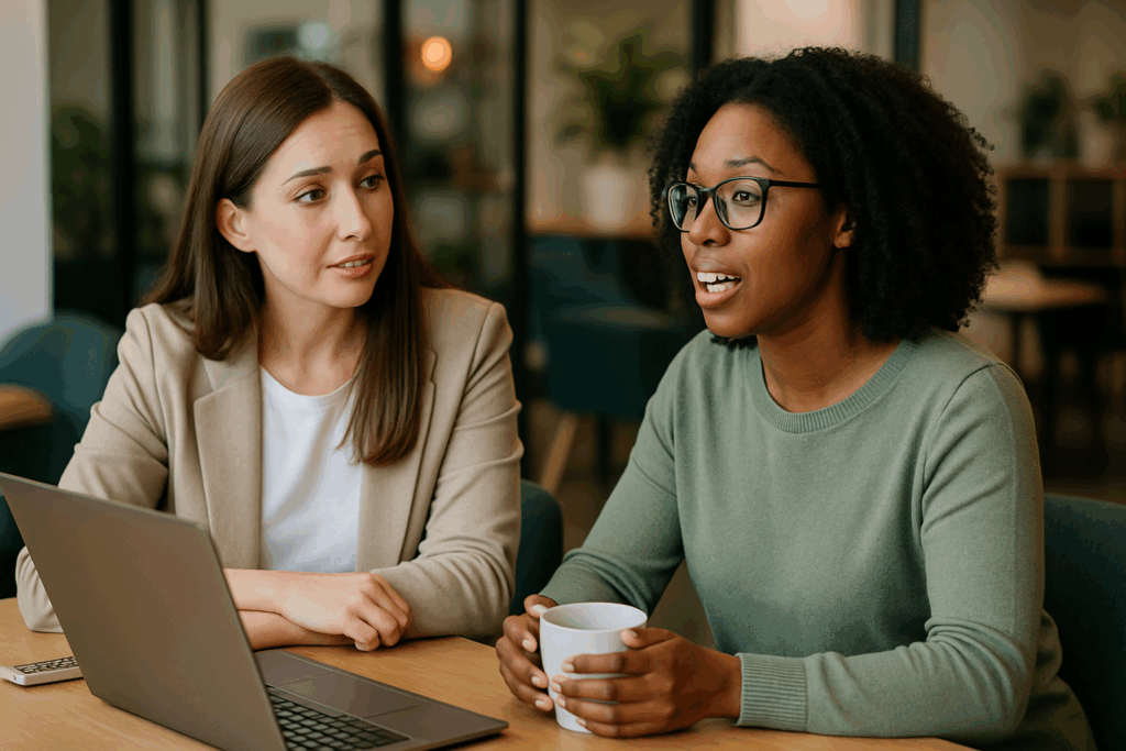 two women talking over coffee