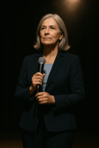 A woman preparing to speak on stage, symbolizing the courage to break her silence.