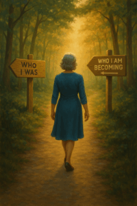 A woman on a symbolic journey of reinvention with signposts marking her personal evolution.