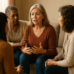 A woman sharing a personal story in a supportive group setting, symbolizing safe vulnerability.