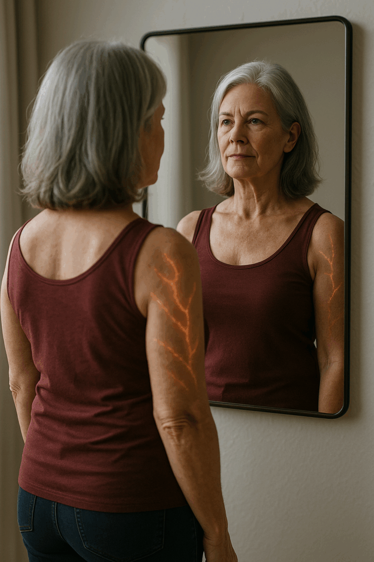 A woman reflecting in the mirror, her visible scars symbolizing healing and strength.