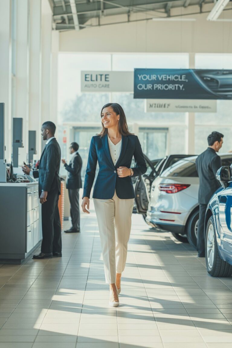 Female leader confidently entering an automotive dealership, setting a positive tone for the team and inspiring collaboration.