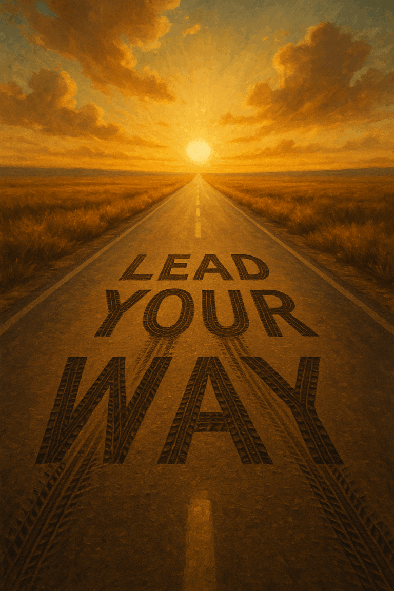 Long open road at sunrise with tire tracks spelling “Lead Your Way,” symbolizing forging your own leadership path.
