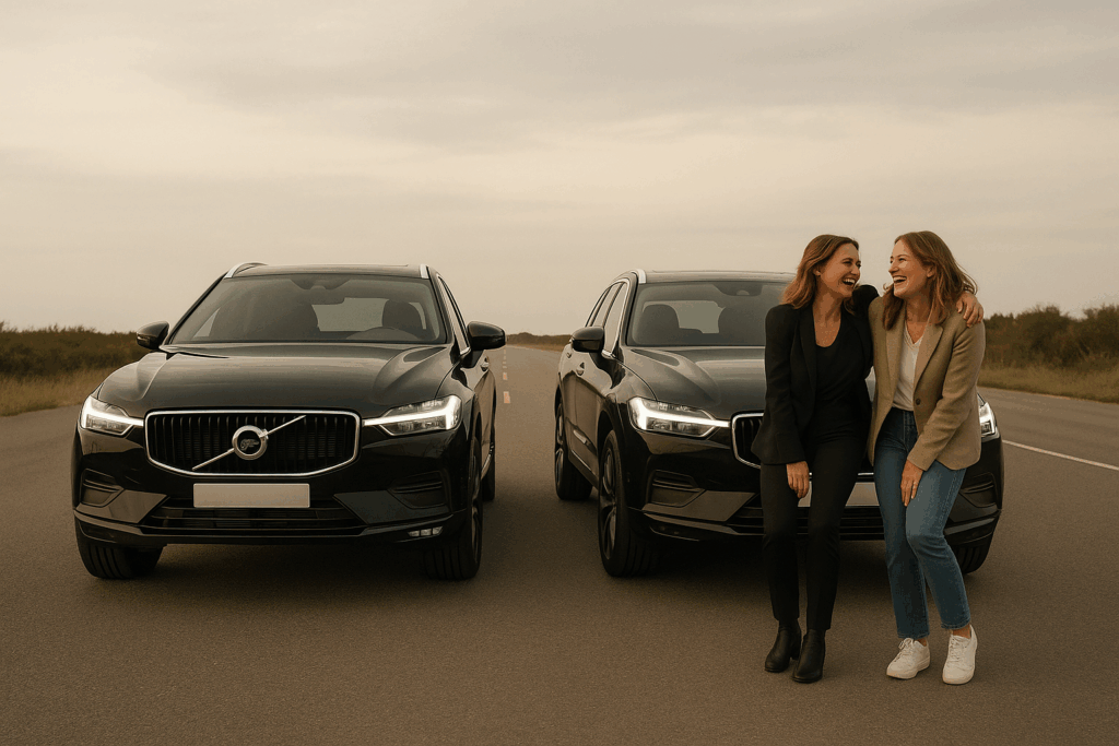 Two women leaders standing beside matching black Volvo SUVs on an open road, celebrating partnership and shared leadership success.