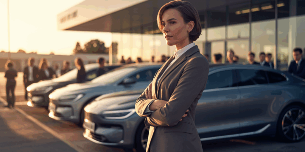 Confident female leader in automotive standing outside a dealership, symbolizing resilience and success on an unconventional career path.