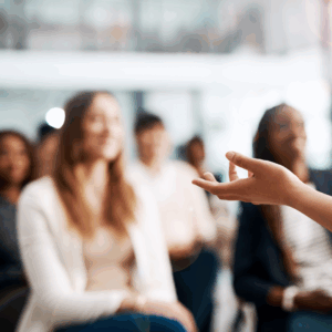 Young woman inspired at automotive conference
