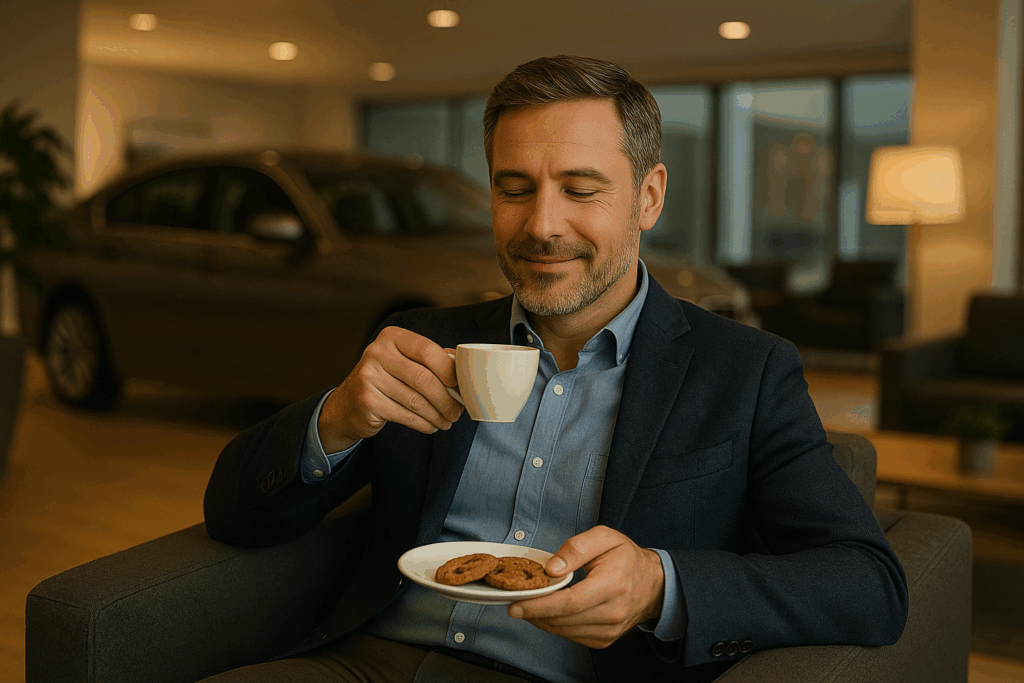 Customer enjoying coffee and cookies with soft music in dealership lounge