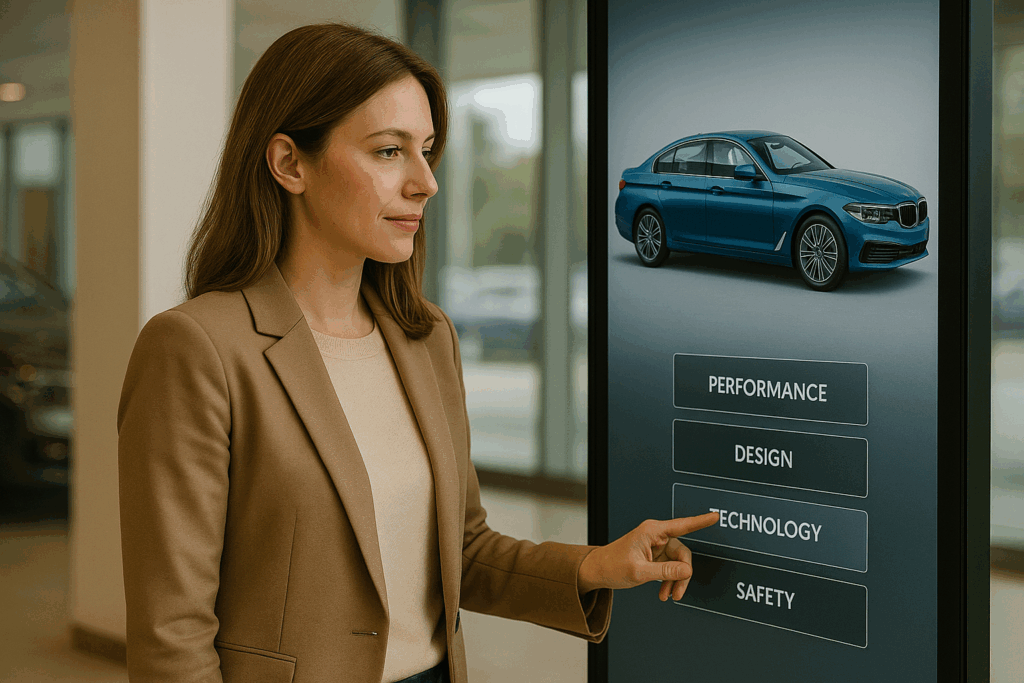 Customer engaging with adaptive digital signage in dealership