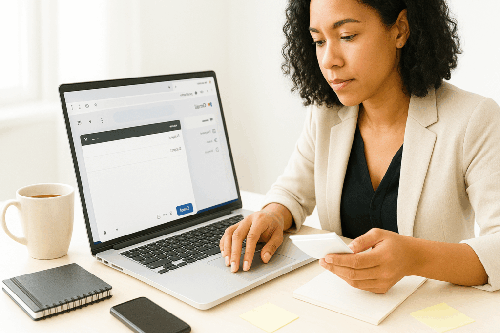 Woman following up using cards & LinkedIn