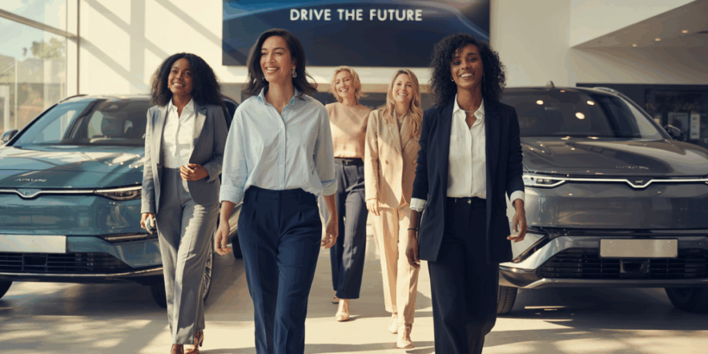 Women automotive executives walking through modern dealership, demonstrating leadership in motion.