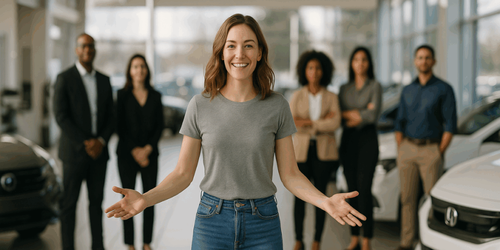 woman leading dealership team wearing jeans