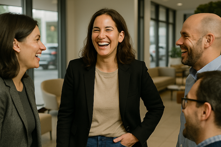 Woman leader laughing with colleagues in a casual automotive setting, symbolizing authenticity and connection in leadership.