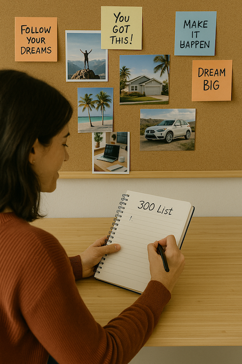 Woman writing a 300-item vision list, symbolizing goal-setting and intentional living.