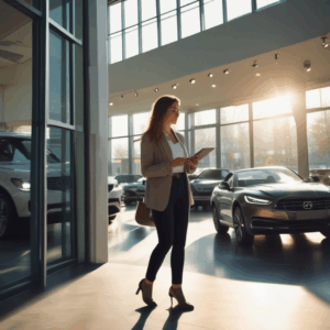 Young woman confidently entering an automotive dealership showroom with tablet in hand